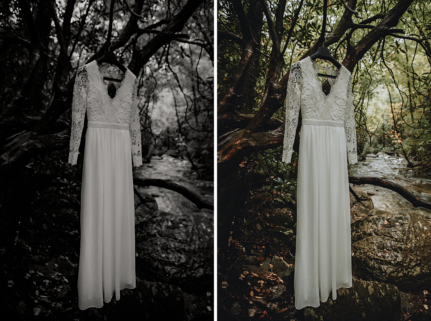 Wedding dress hanging on tree in green forest Catawba Falls Asheville, NC Elopement Photography captured by Maggie Alvarez Photography