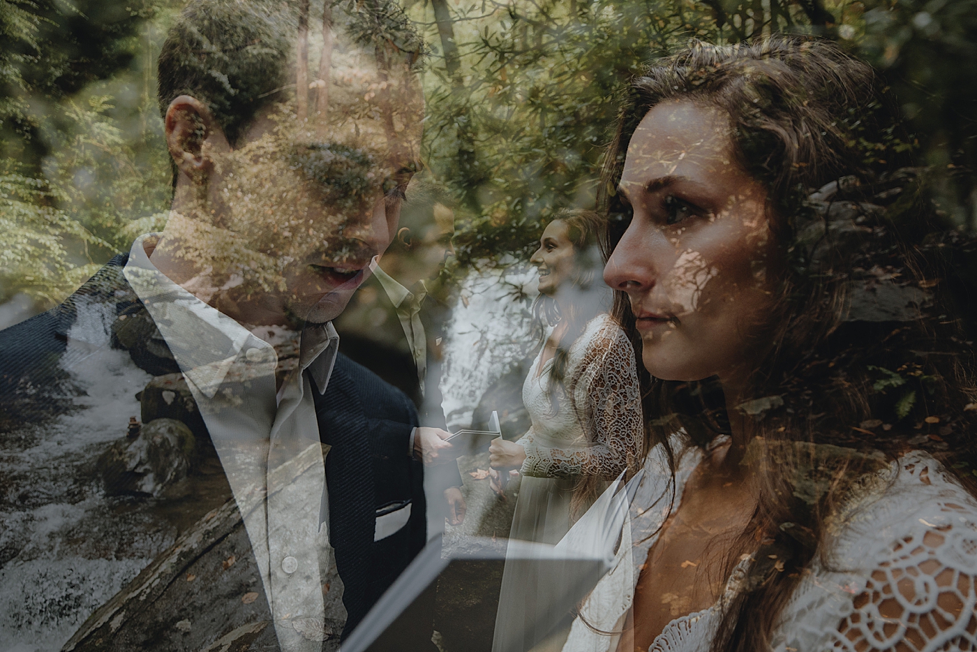 Overlay picture of Groom giving vows and wide shot of Bride and Groom looking at each other Catawba Falls Asheville, NC Elopement Photography captured by Maggie Alvarez Photography