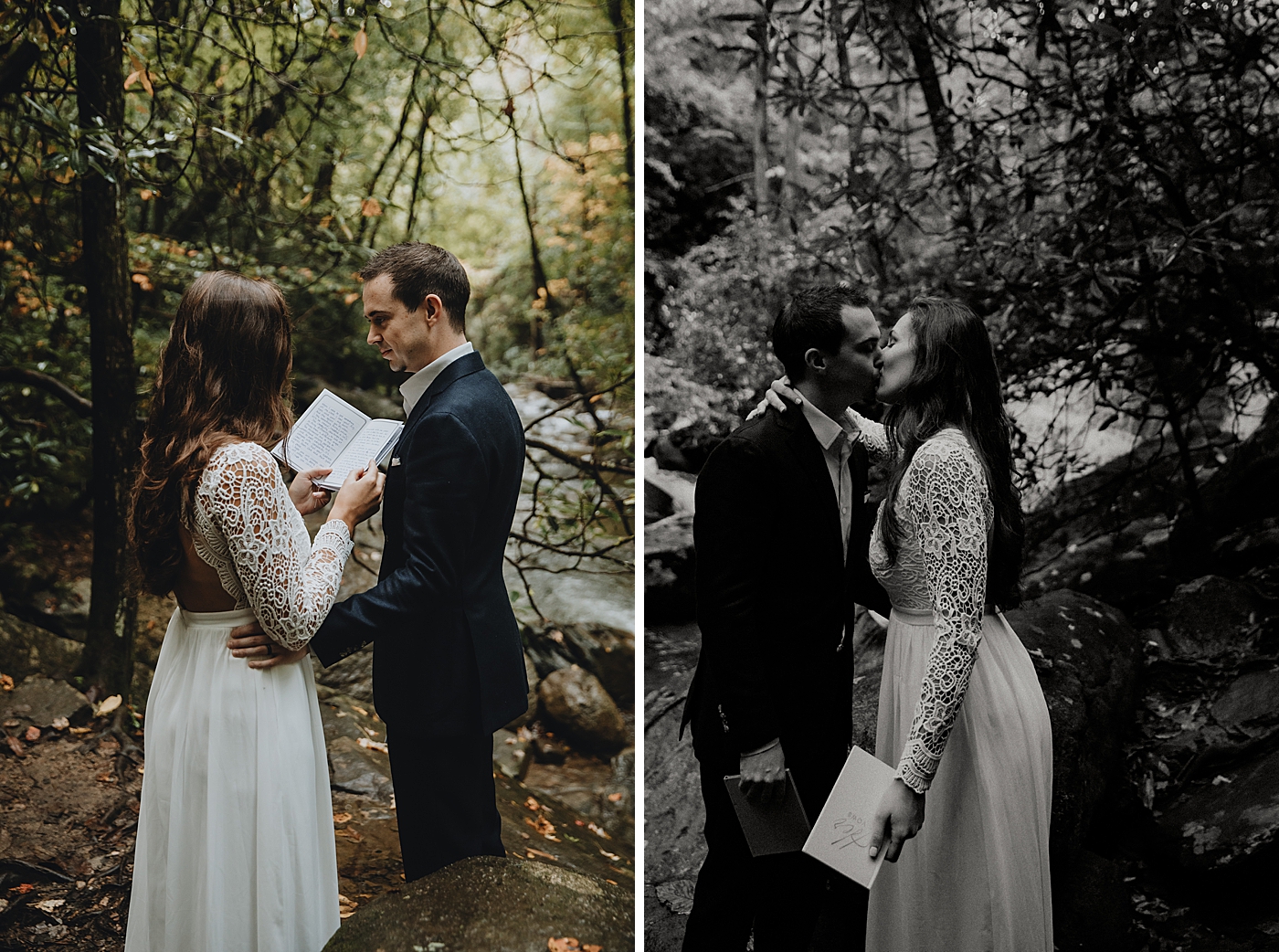Bride and Groom intimate ceremony in forest Catawba Falls Asheville, NC Elopement Photography captured by Maggie Alvarez Photography