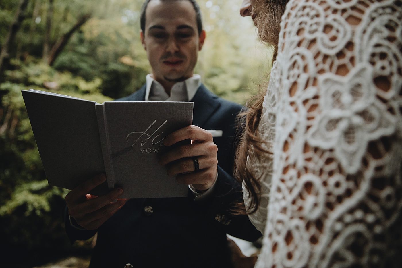 closeup of Groom giving vows Catawba Falls Asheville, NC Elopement Photography captured by Maggie Alvarez Photography