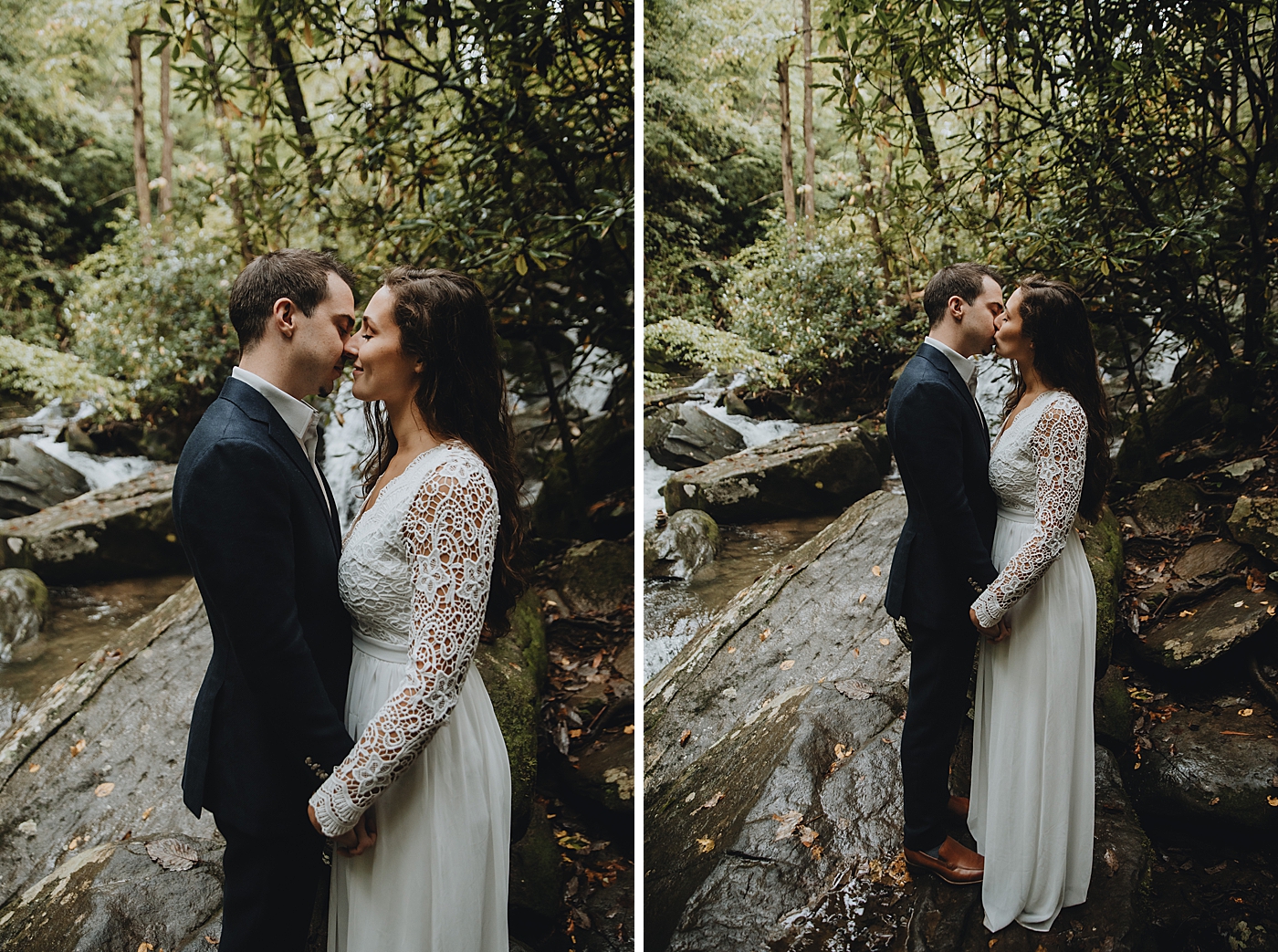 Bride and Groom kissing on wet rocks in the forest Catawba Falls Asheville, NC Elopement Photography captured by Maggie Alvarez Photography