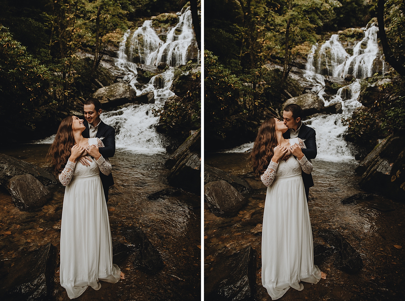 Groom holding Bride kissing in rocky green forest Catawba Falls Asheville, NC Elopement Photography captured by Maggie Alvarez Photography