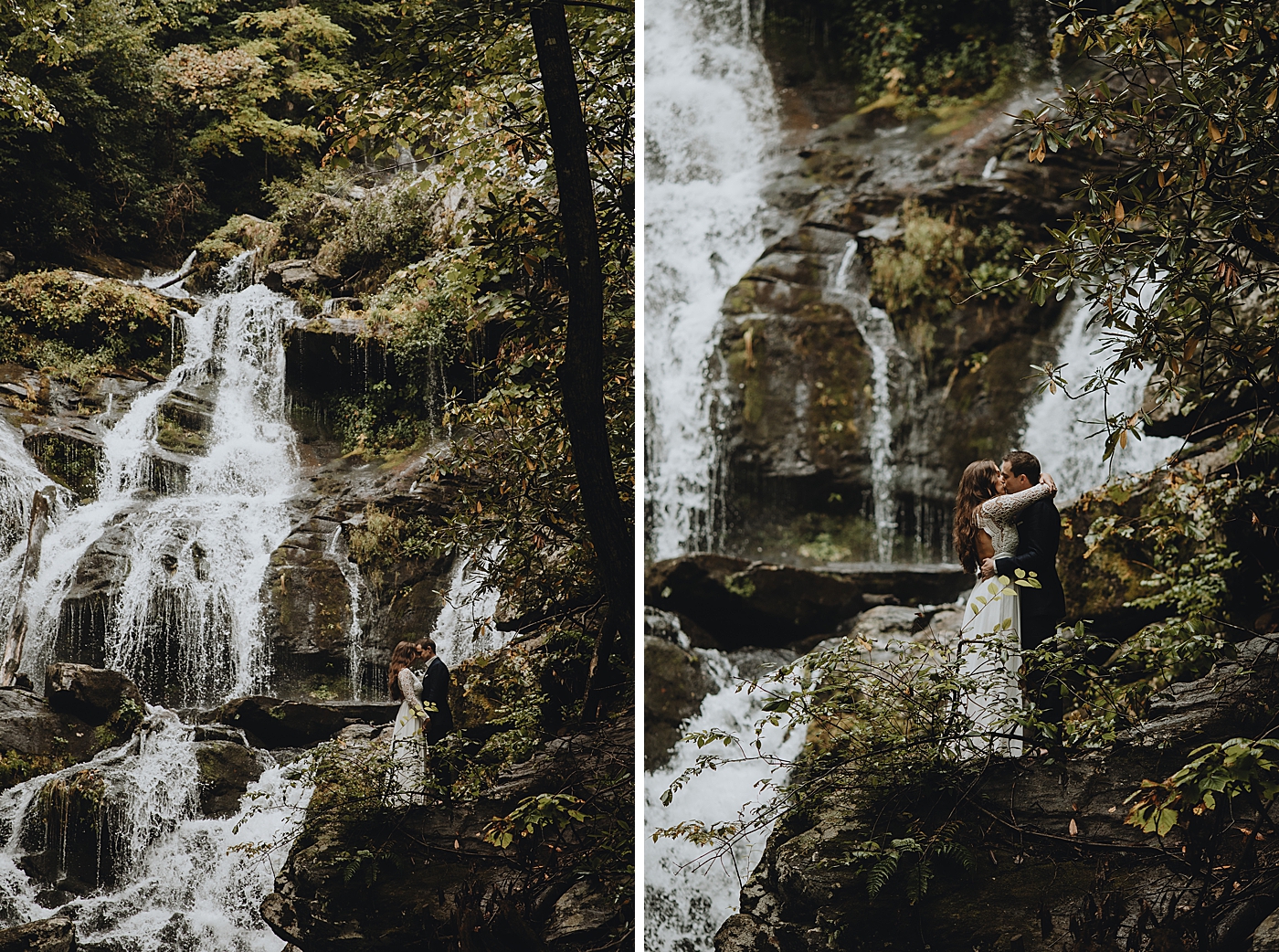Wide portraits of water falling in forest with Bride and Groom hugging Catawba Falls Asheville, NC Elopement Photography captured by Maggie Alvarez Photography
