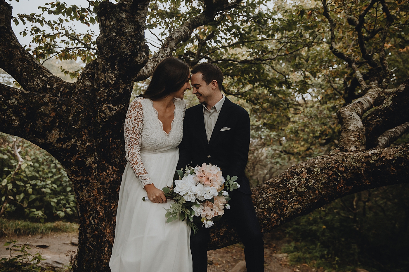 Bride and Groom sitting on tree branch with bouquet Catawba Falls Asheville, NC Elopement Photography captured by Maggie Alvarez Photography
