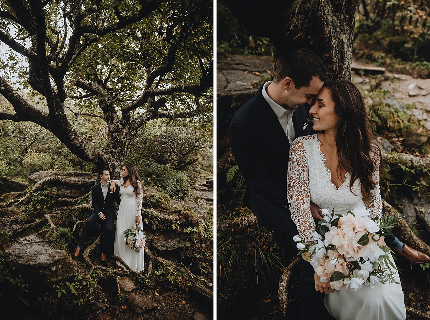 Groom sitting on roots of a big tree with Bride Catawba Falls Asheville, NC Elopement Photography captured by Maggie Alvarez Photography