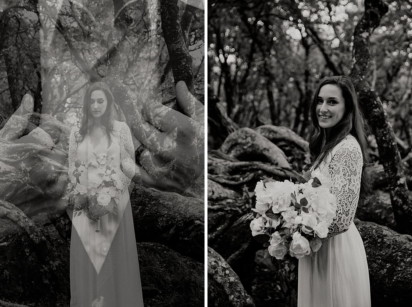Black and white of Bride portraits with bouquet Catawba Falls Asheville, NC Elopement Photography captured by Maggie Alvarez Photography