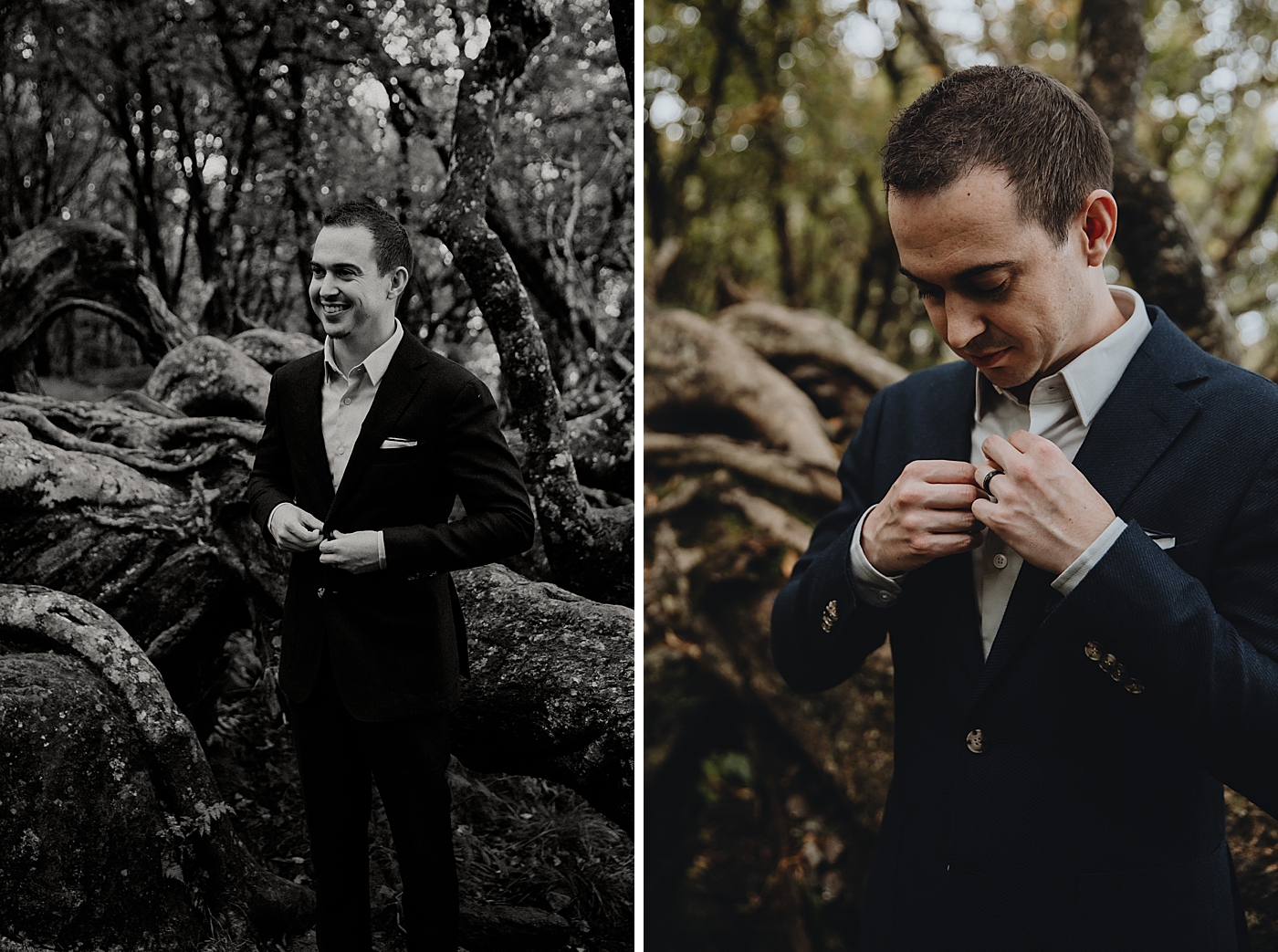 Groom portraits of adjusting collar Catawba Falls Asheville, NC Elopement Photography captured by Maggie Alvarez Photography