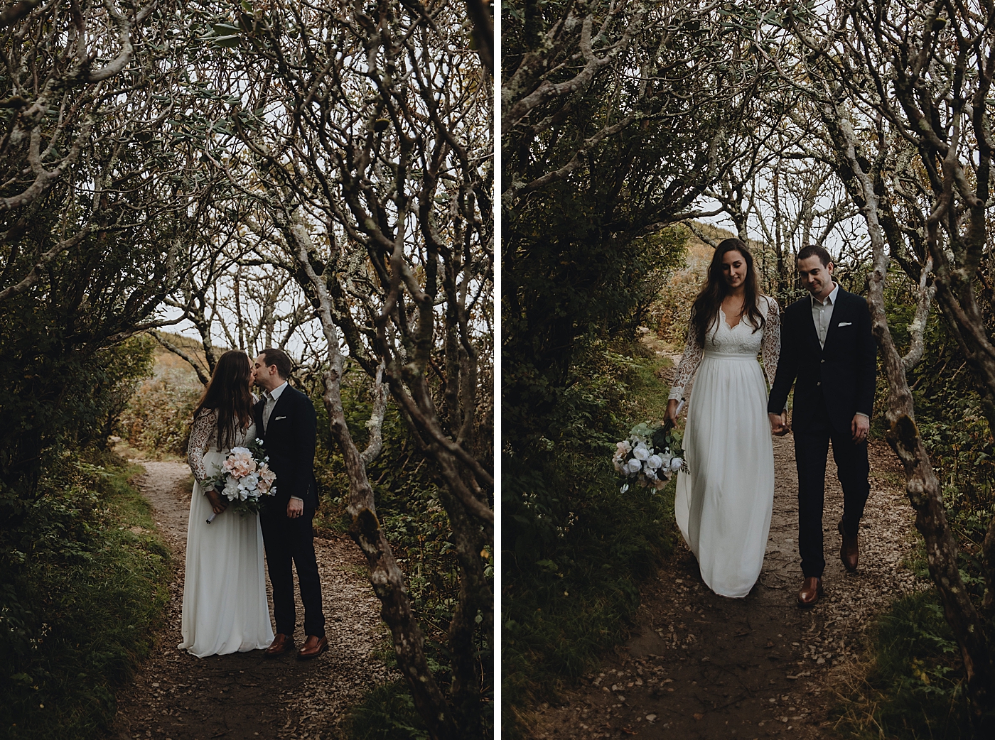 Bride and Groom walking and kissing down natural path with tree arches Catawba Falls Asheville, NC Elopement Photography captured by Maggie Alvarez Photography