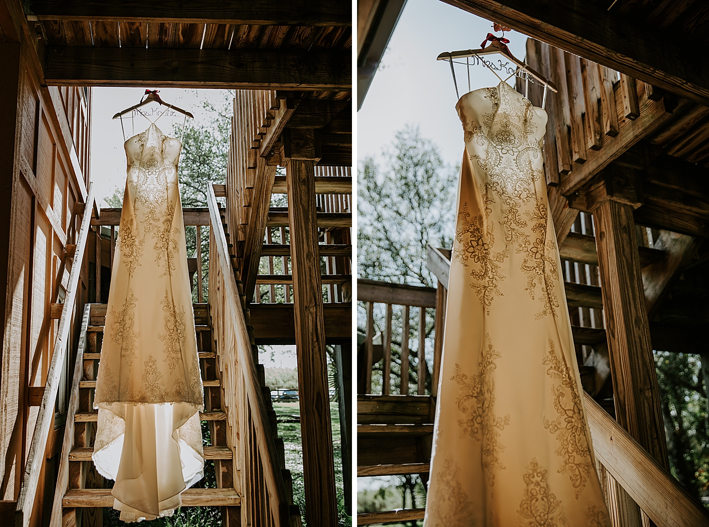 Detail shot of wedding dress hanging by the stairway with the sunlight hitting it BMR Stables Wedding Photography captured by South Florida Wedding Photographer Maggie Alvarez Photography