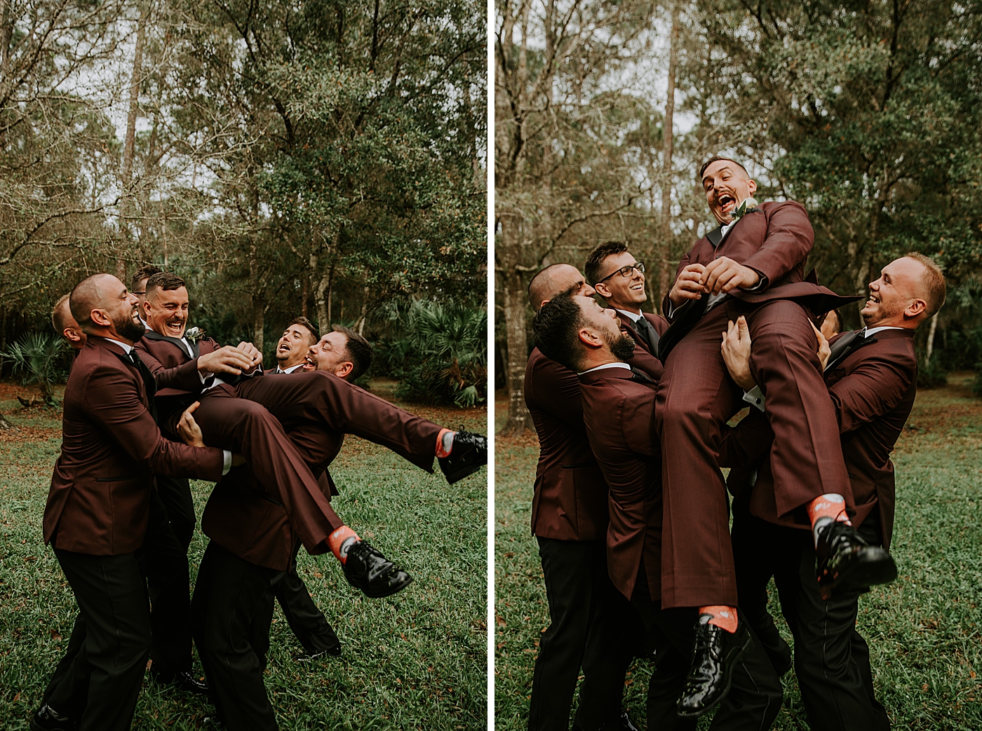 Groomsmen carrying groom for a fun shot BMR Stables Wedding Photography captured by South Florida Wedding Photographer Maggie Alvarez Photography