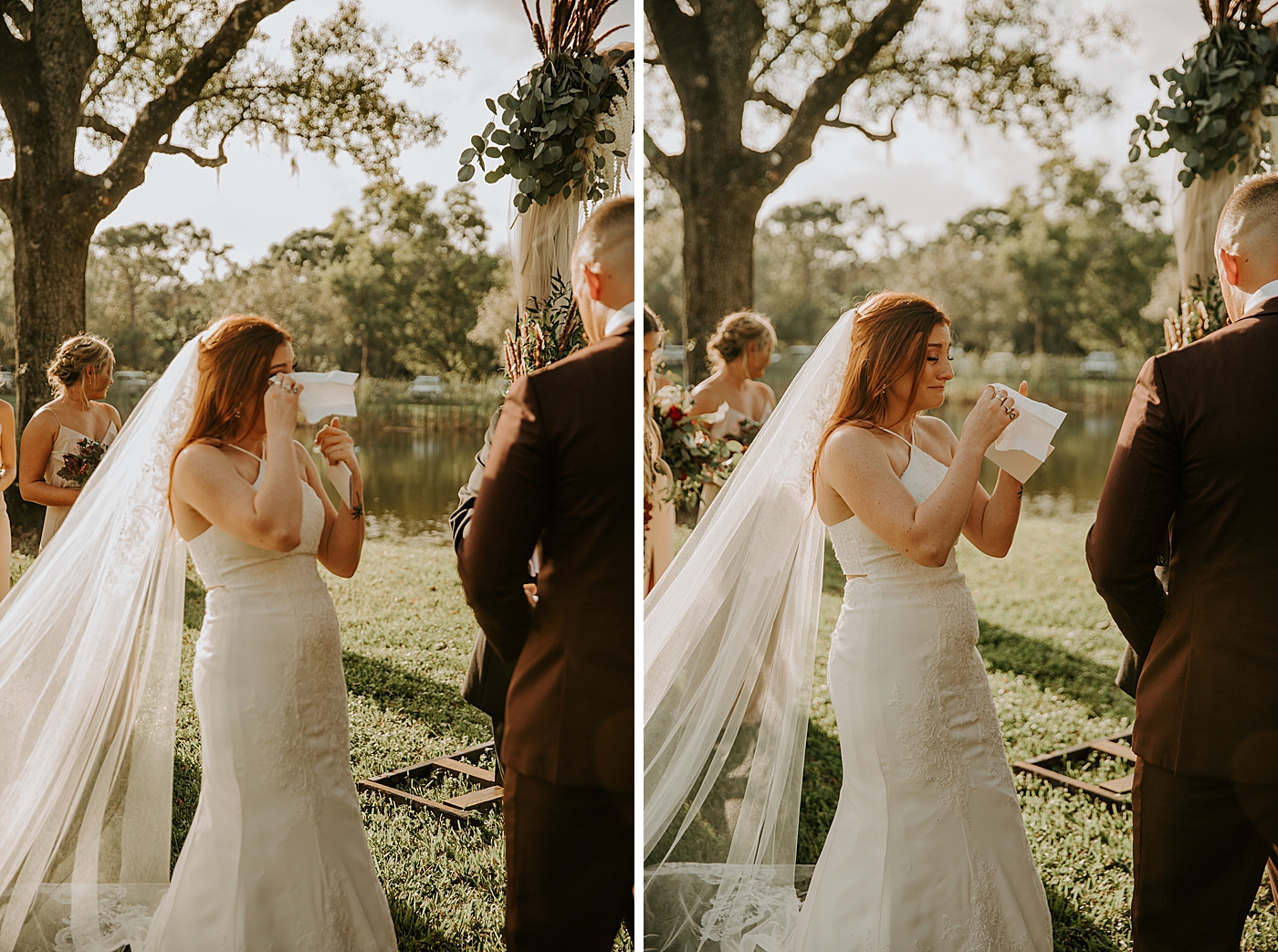 Bride crying and wiping tears Bride entering ceremony with father BMR Stables Wedding Photography captured by South Florida Wedding Photographer Maggie Alvarez Photography