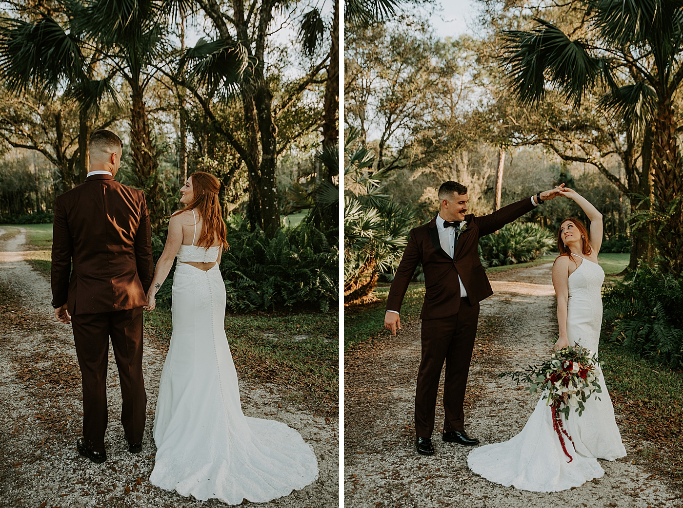 Bride and Groom walking down a path Bride entering ceremony with father BMR Stables Wedding Photography captured by South Florida Wedding Photographer Maggie Alvarez Photography
