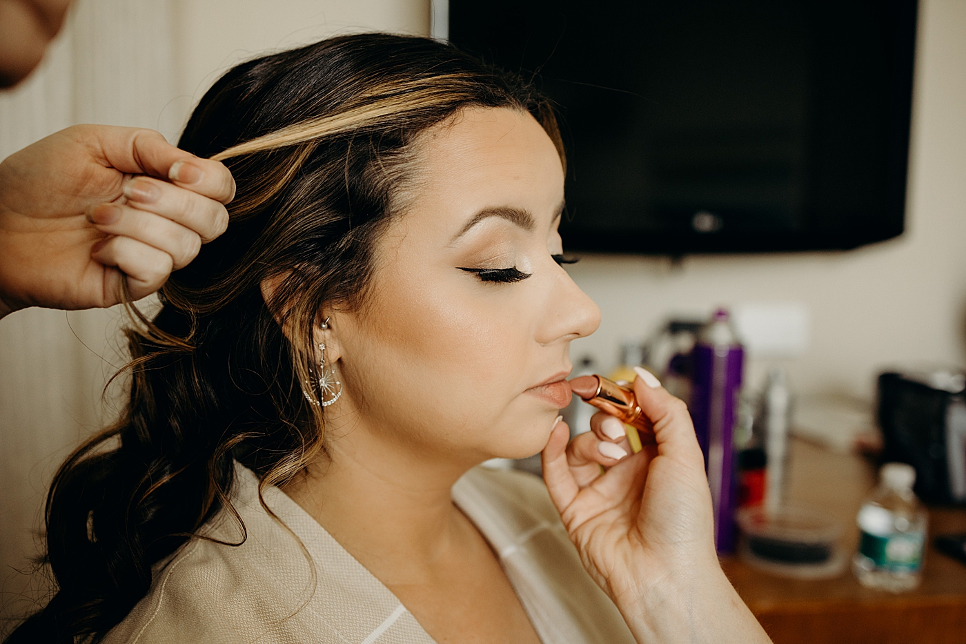 Getting Ready Bride makeup and hair Benvenuto Restaurant Wedding Photography captured by South Florida Wedding Photographer Maggie Alvarez Photography