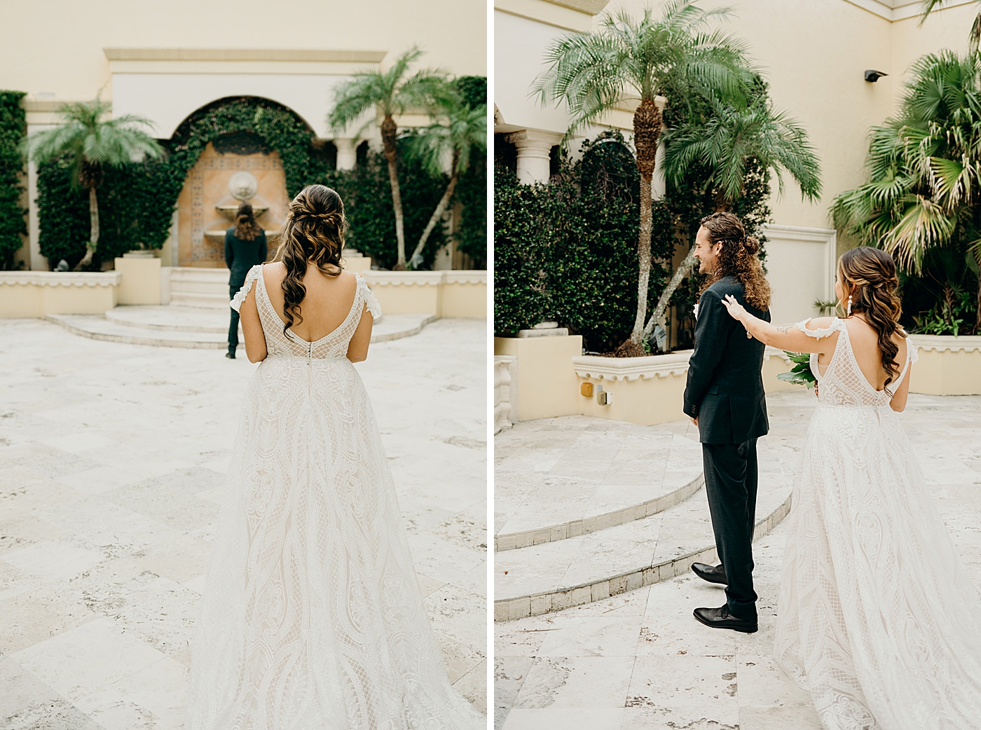First Look Bride approaching Groom with his back turned Benvenuto Restaurant Wedding Photography captured by South Florida Wedding Photographer Maggie Alvarez Photography