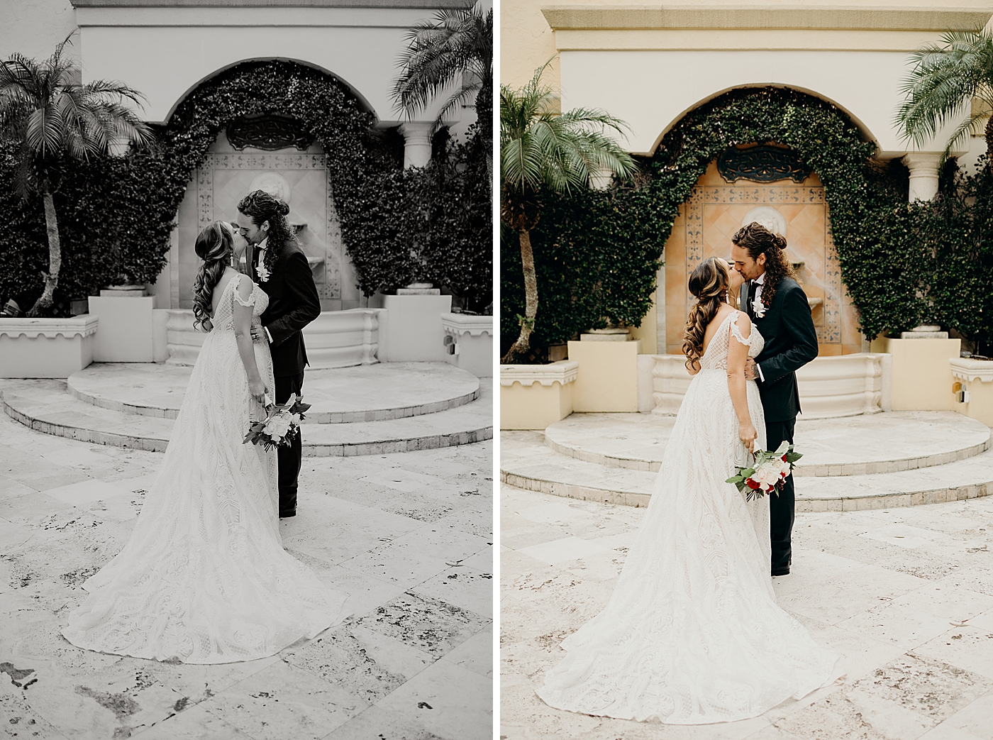 Bride and Groom kissing in front of the fountain Benvenuto Restaurant Wedding Photography captured by South Florida Wedding Photographer Maggie Alvarez Photography