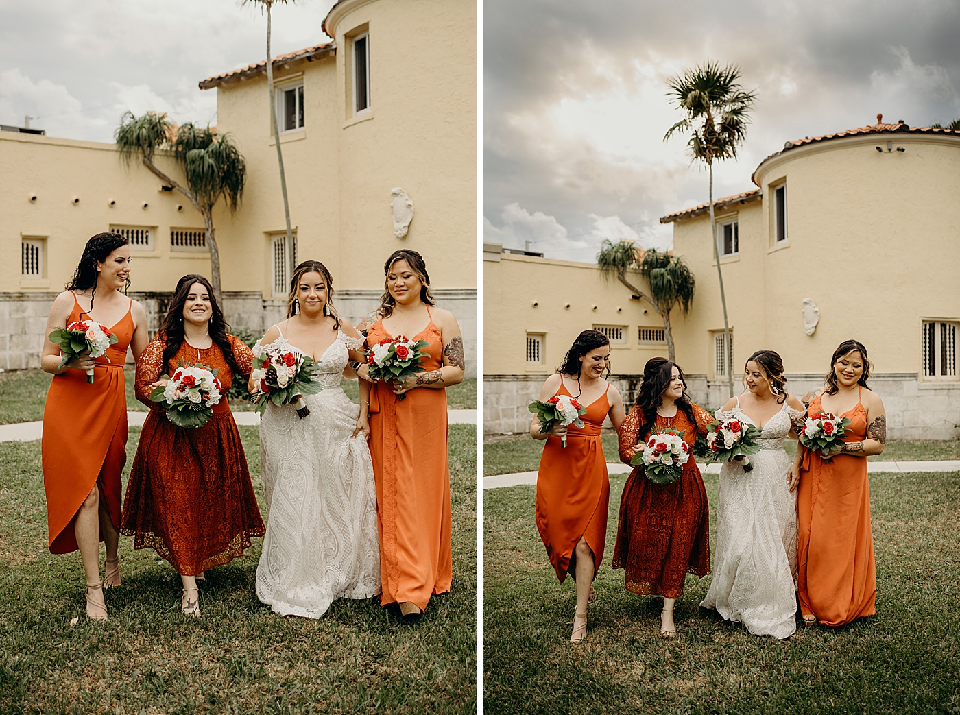 Bride and tangerine dressed bridesmaids walking together with white and red bouquets cloudy sky Benvenuto Restaurant Wedding Photography captured by South Florida Wedding Photographer Maggie Alvarez Photography