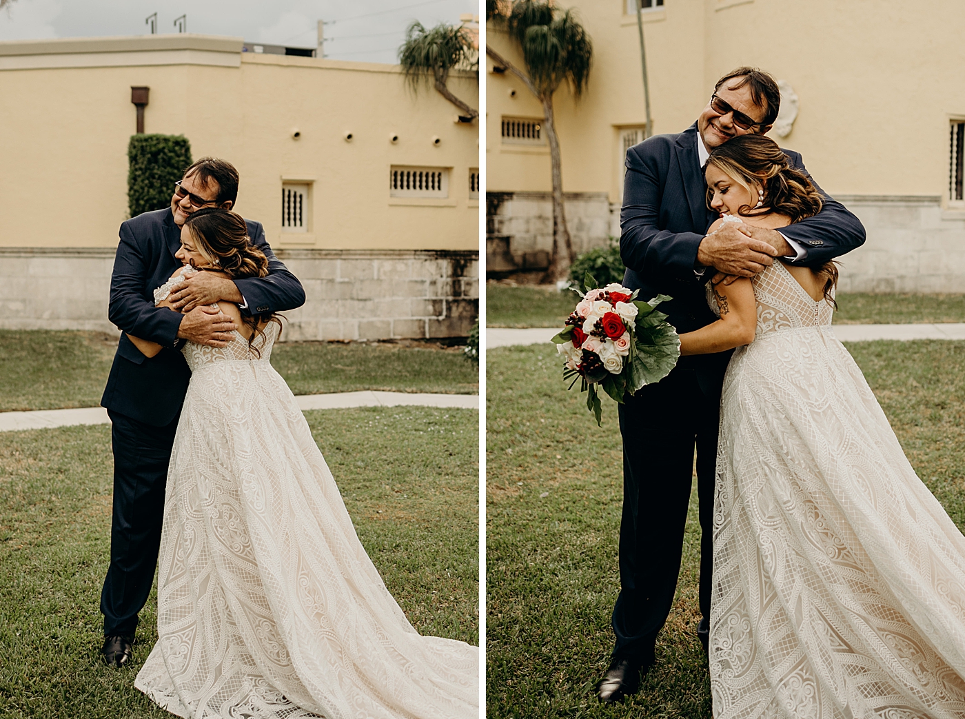 Father and Bride hugging after first look Benvenuto Restaurant Wedding Photography captured by South Florida Wedding Photographer Maggie Alvarez Photography