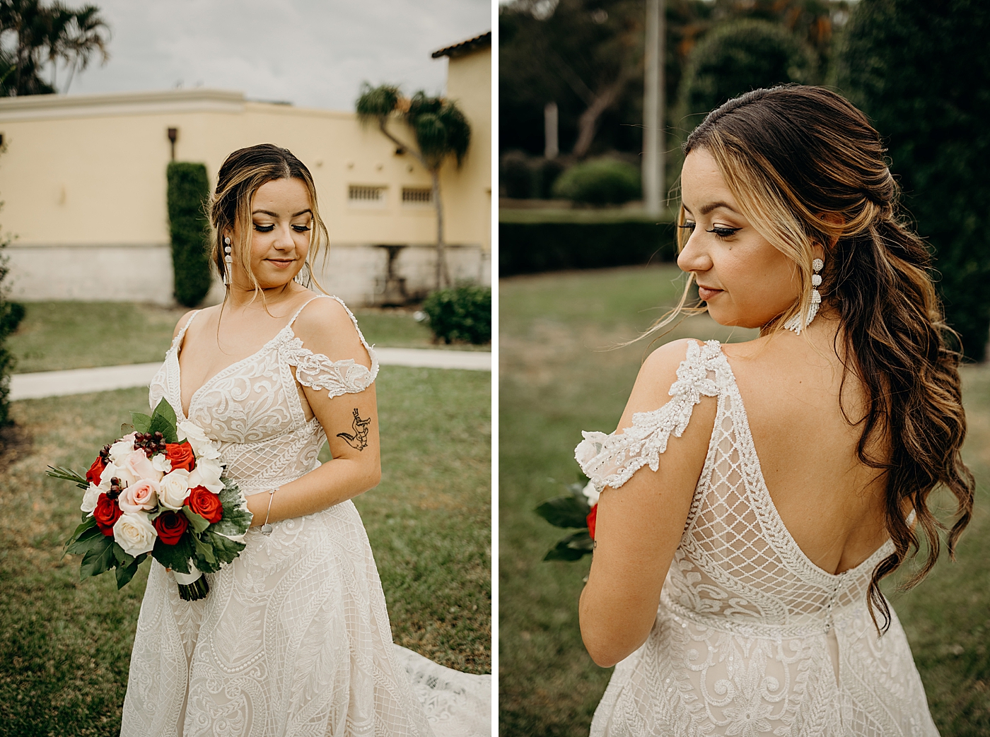 Closeup portrait shot of Bride with laced wedding dress holding red and white bouquet Benvenuto Restaurant Wedding Photography captured by South Florida Wedding Photographer Maggie Alvarez Photography