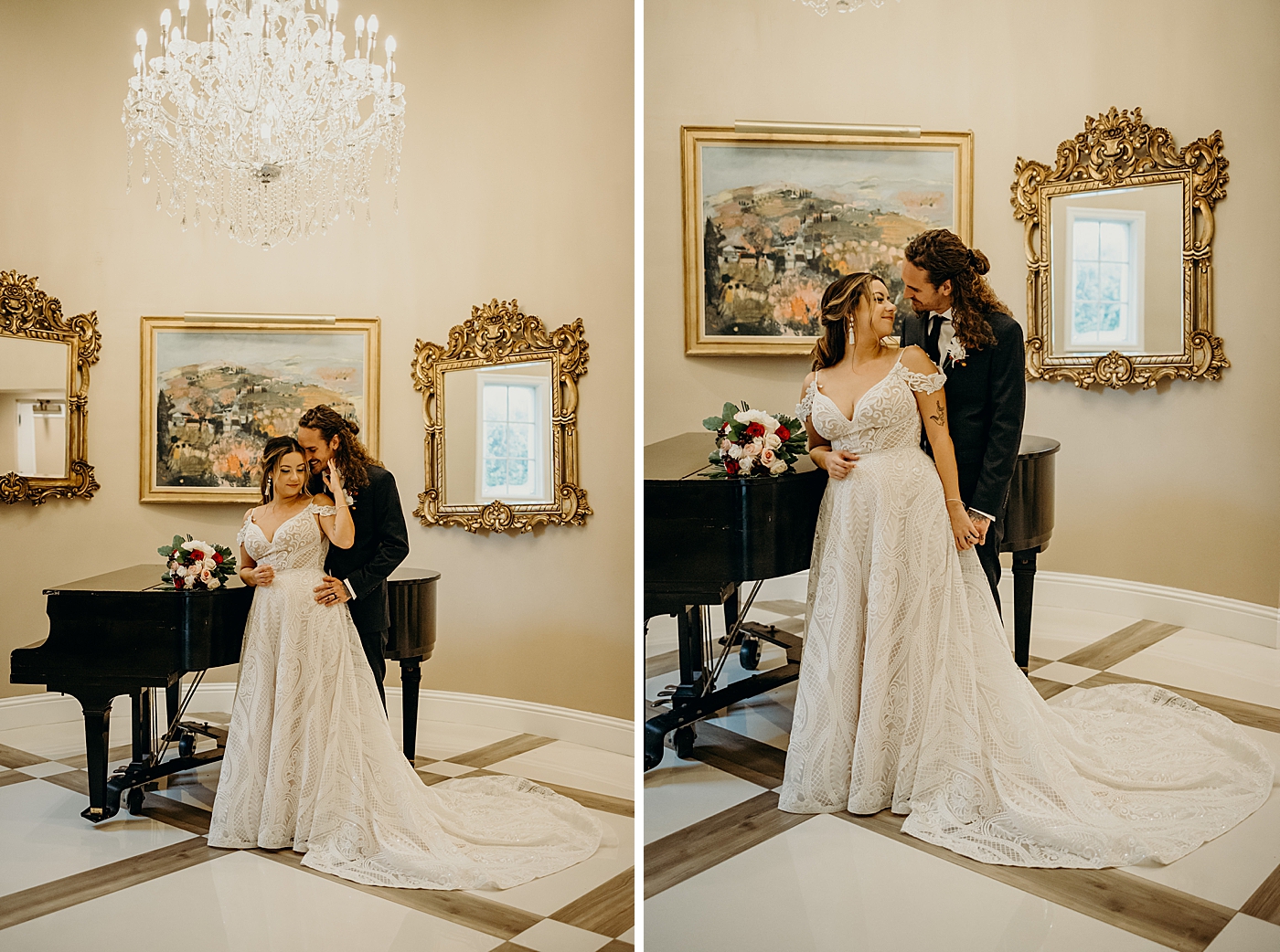 Bride and Groom portraits inside with victorian decor and grand piano Benvenuto Restaurant Wedding Photography captured by South Florida Wedding Photographer Maggie Alvarez Photography