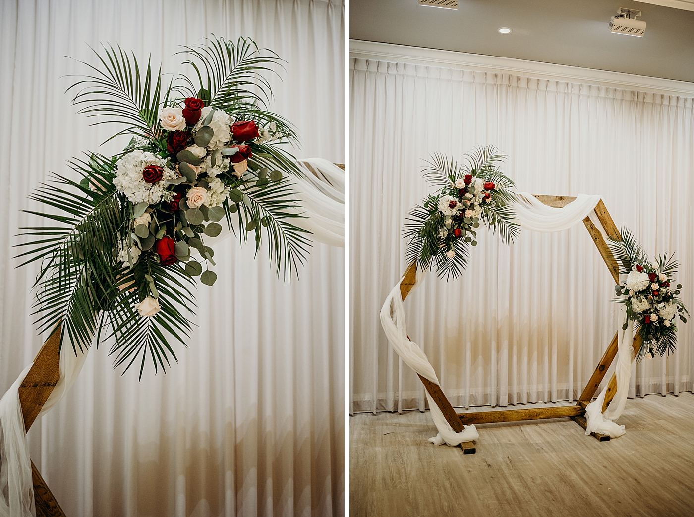 Ceremony detail shots of floral hexagon centerpiece Benvenuto Restaurant Wedding Photography captured by South Florida Wedding Photographer Maggie Alvarez Photography