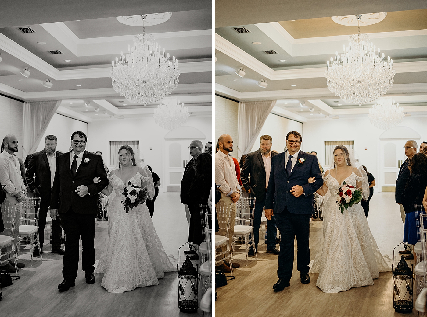 Bride and father entering ceremony both full color and black and white Benvenuto Restaurant Wedding Photography captured by South Florida Wedding Photographer Maggie Alvarez Photography