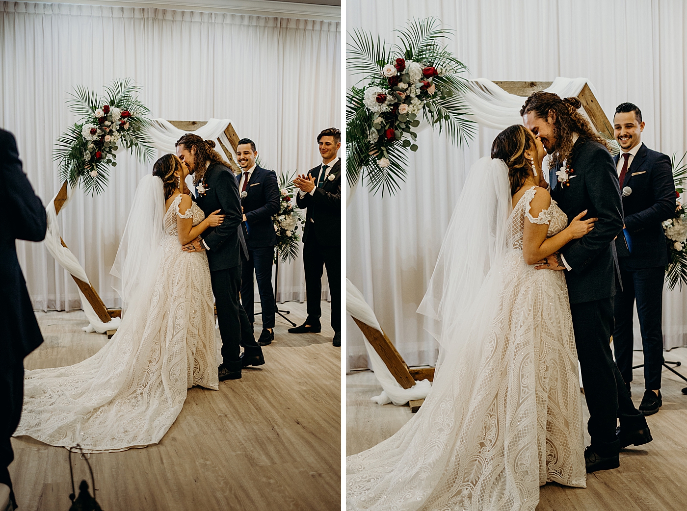 Just married Bride and Groom kissing Benvenuto Restaurant Wedding Photography captured by South Florida Wedding Photographer Maggie Alvarez Photography