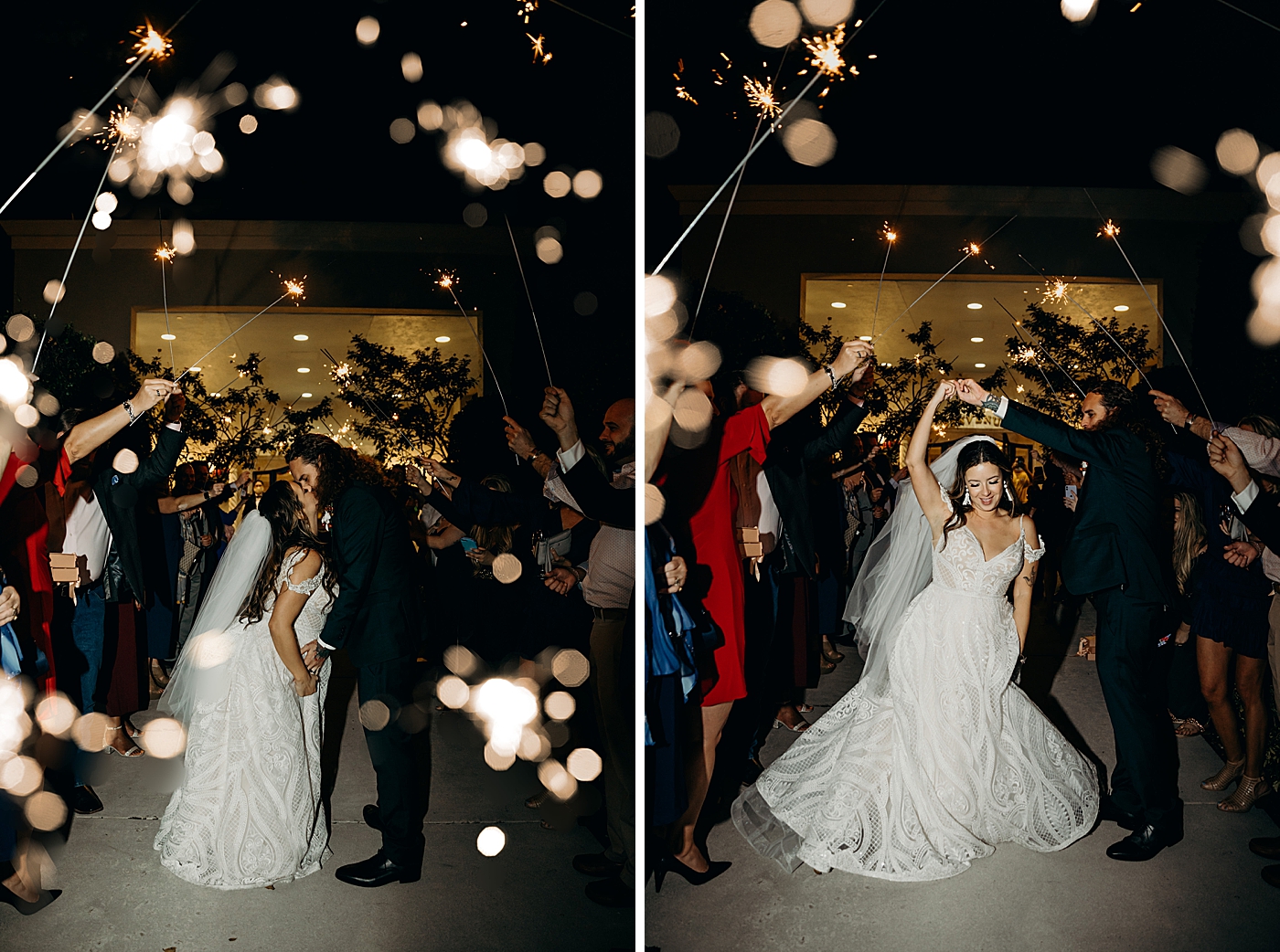 Bride and Groom kissing and pirouetting at sparkler exit Benvenuto Restaurant Wedding Photography captured by South Florida Wedding Photographer Maggie Alvarez Photography