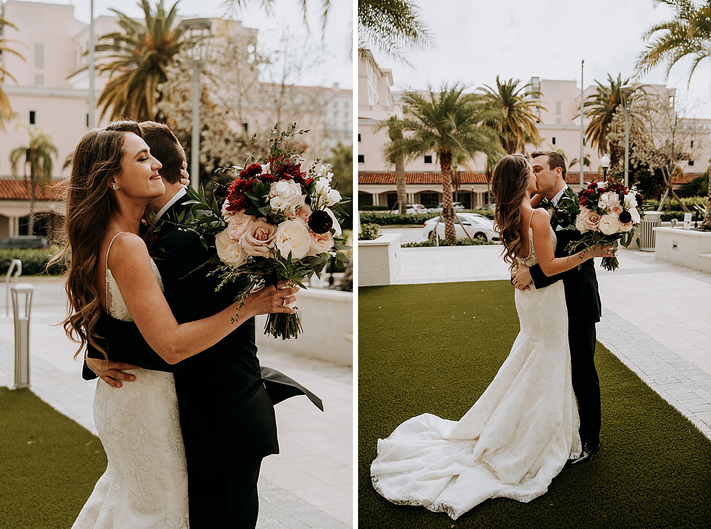 First Look Bride and Groom hugging and kissing Coral Gables Country Club Wedding Photography captured by South Florida Wedding Photographer Maggie Alvarez Photography