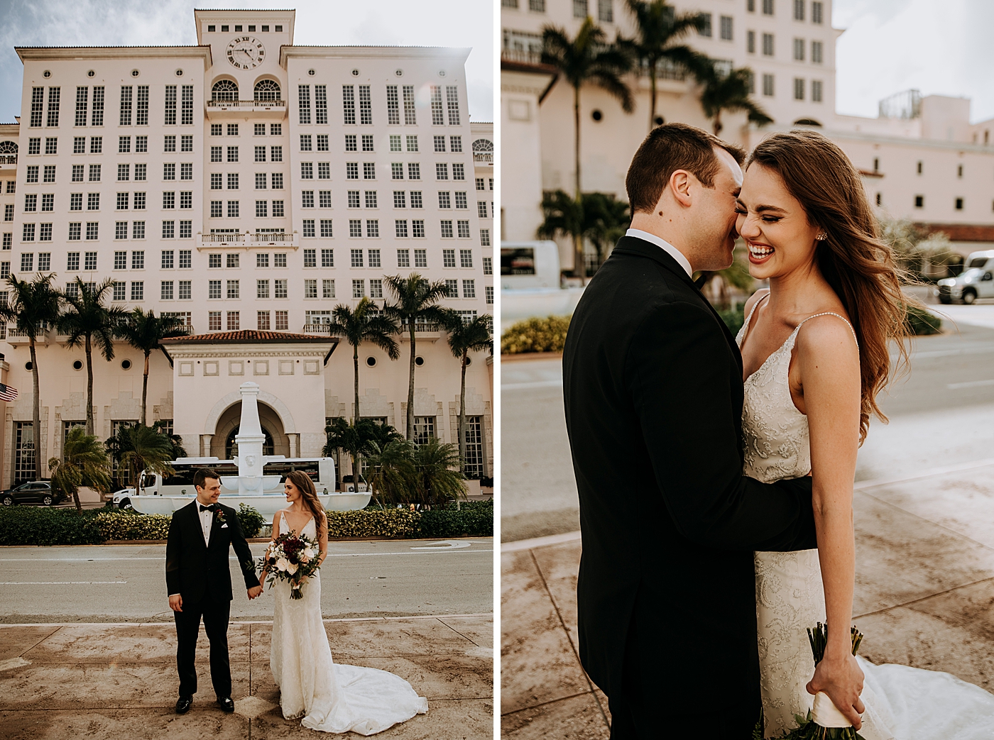 Bride and Groom portraits in front of hotel Coral Gables Country Club Wedding Photography captured by South Florida Wedding Photographer Maggie Alvarez Photography