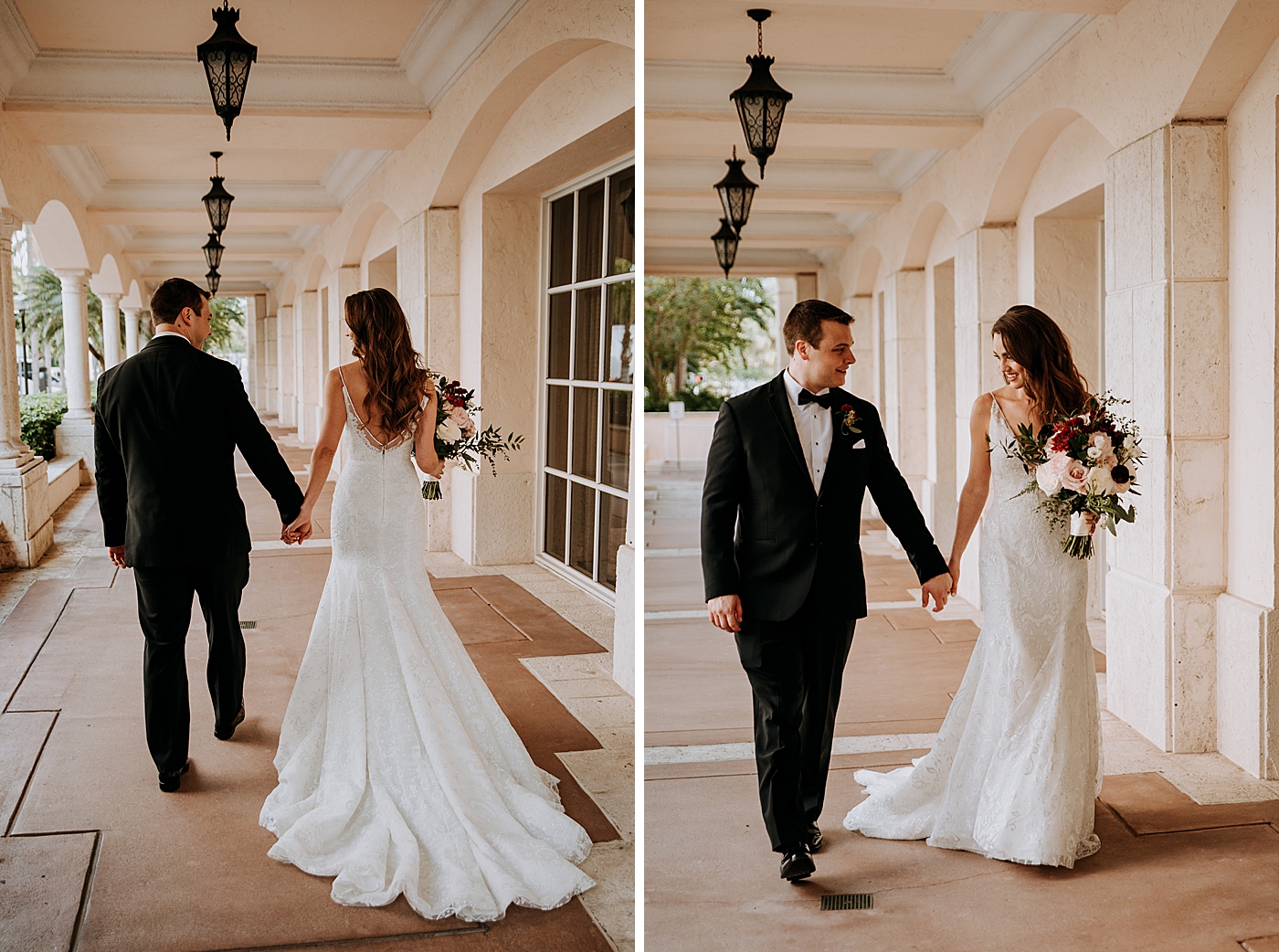 Bride and Groom holding hands down breezeway Coral Gables Country Club Wedding Photography captured by South Florida Wedding Photographer Maggie Alvarez Photography