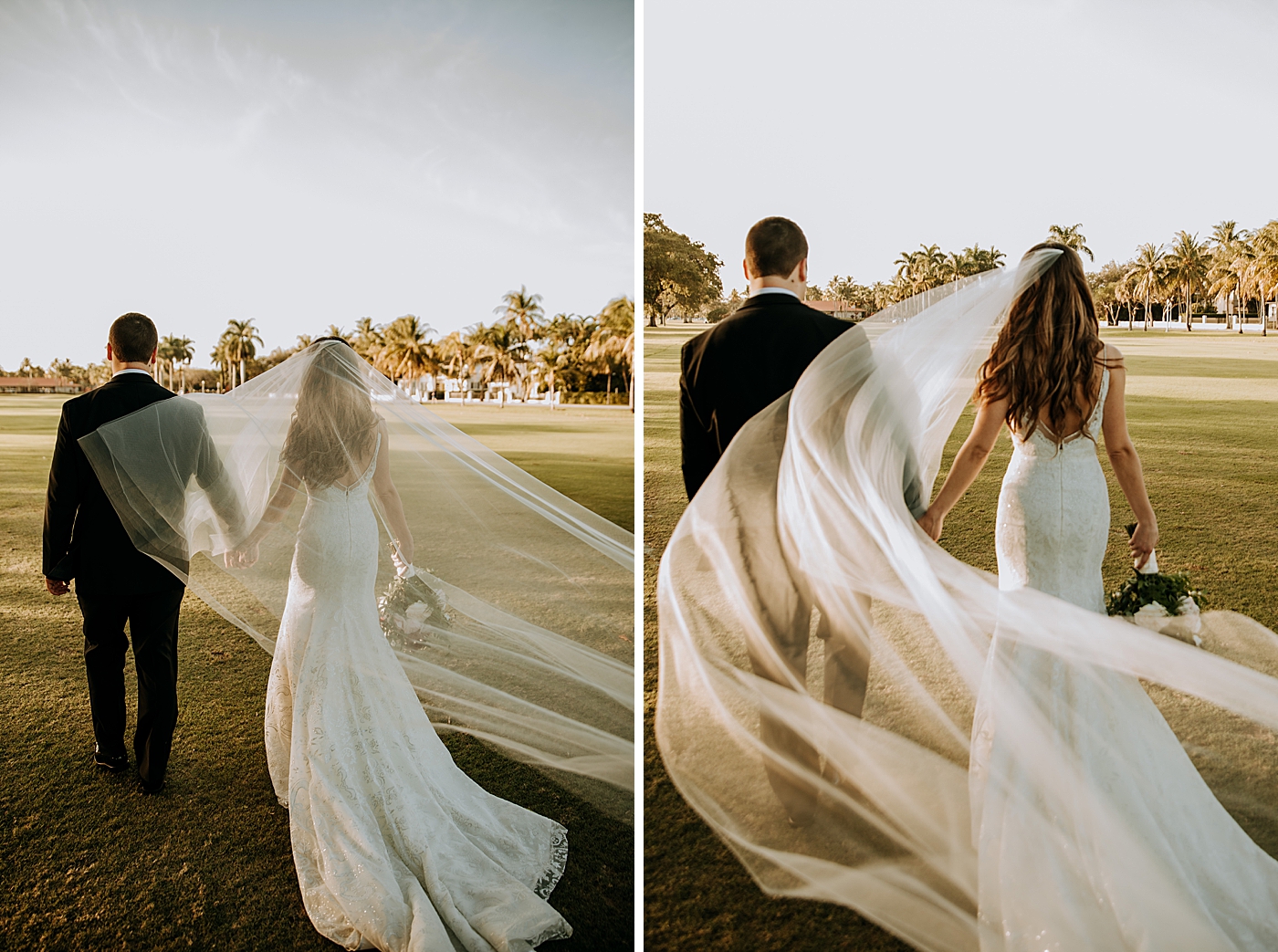 Bride and Groom walking with flowing veil Coral Gables Country Club Wedding Photography captured by South Florida Wedding Photographer Maggie Alvarez Photography