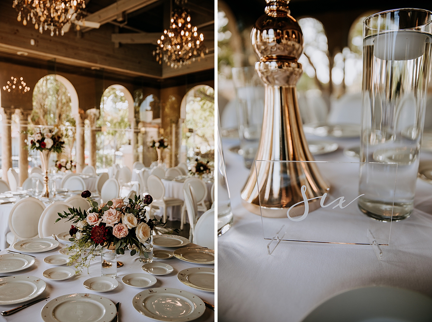 Reception detail shot of tables with floral centerpiece Coral Gables Country Club Wedding Photography captured by South Florida Wedding Photographer Maggie Alvarez Photography