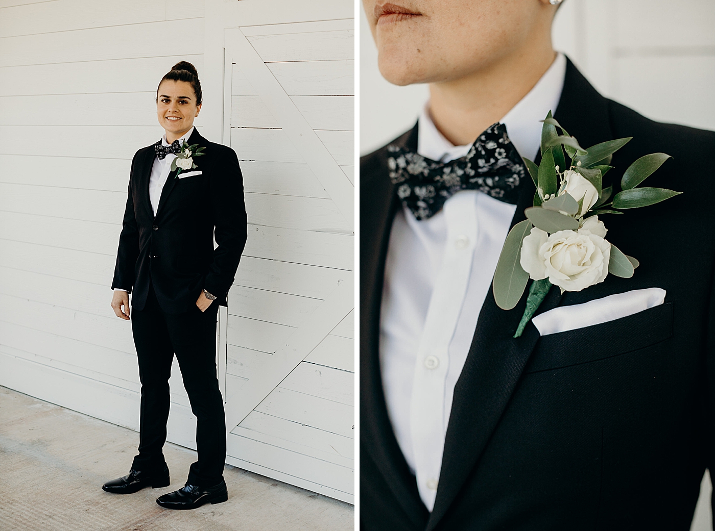 Bride ready in suit with floral bow tie with white Boutonniere Ever After Farms Wedding Photography captured by South Florida Wedding Photographer Maggie Alvarez Photography 