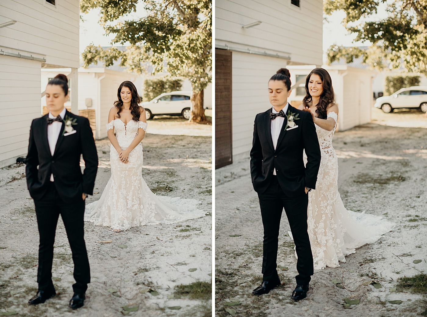 First look with Bride behind tapping on shoulder outside Ever After Farms Wedding Photography captured by South Florida Wedding Photographer Maggie Alvarez Photography