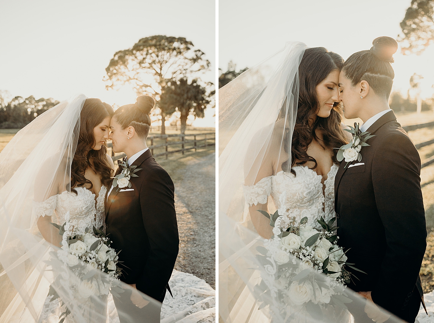 Couple with foreheads against each other with setting sun Ever After Farms Wedding Photography captured by South Florida Wedding Photographer Maggie Alvarez Photography
