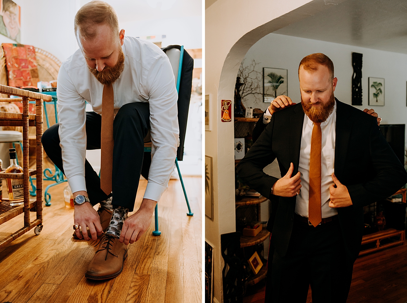 Groom getting ready putting shoes and jacket on Historic Stranahan House Wedding Photography captured by South Florida Wedding Photographer Maggie Alvarez Photography