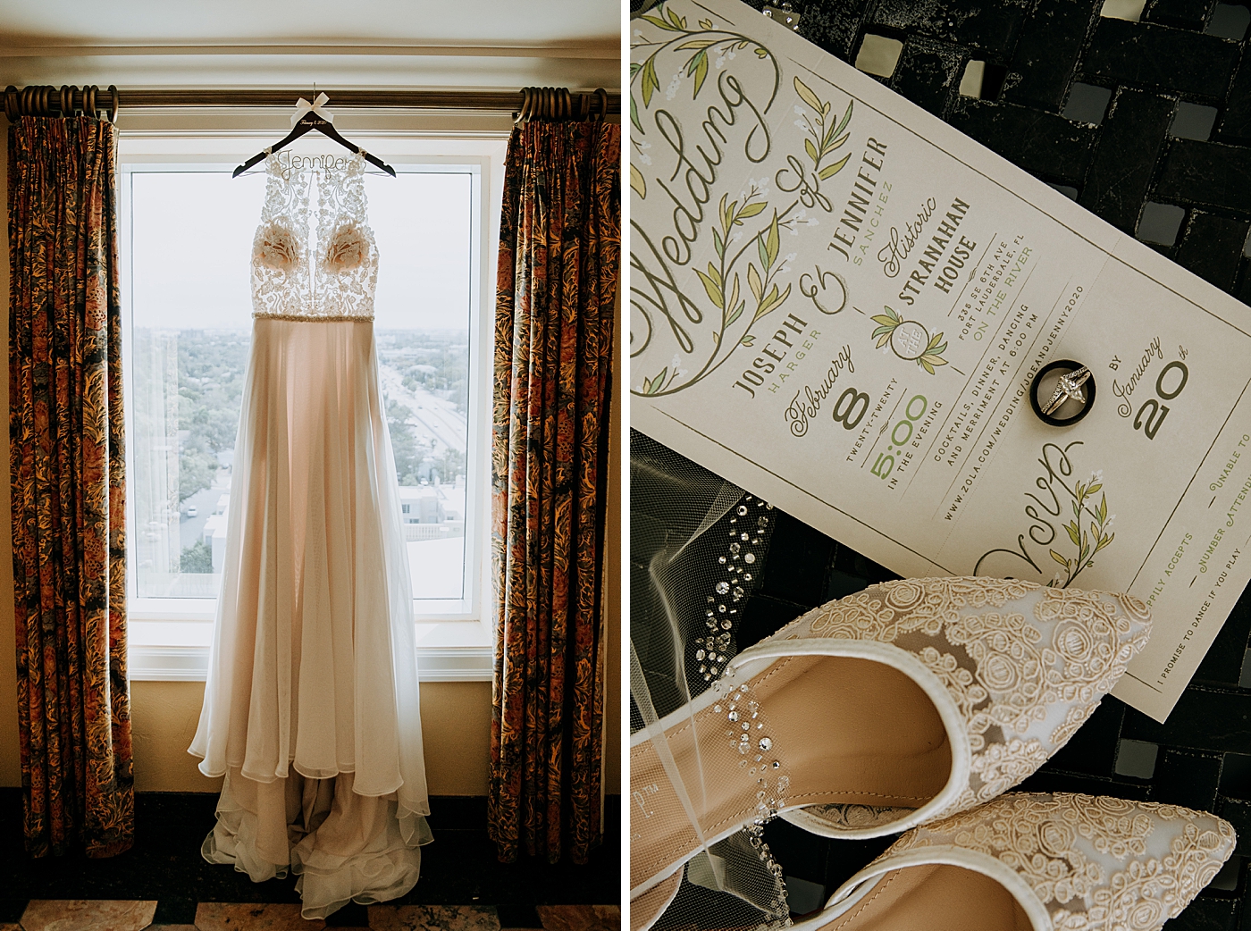 Wedding detail shots of laced wedding dress and shoes and invitation Historic Stranahan House Wedding Photography captured by South Florida Wedding Photographer Maggie Alvarez Photography