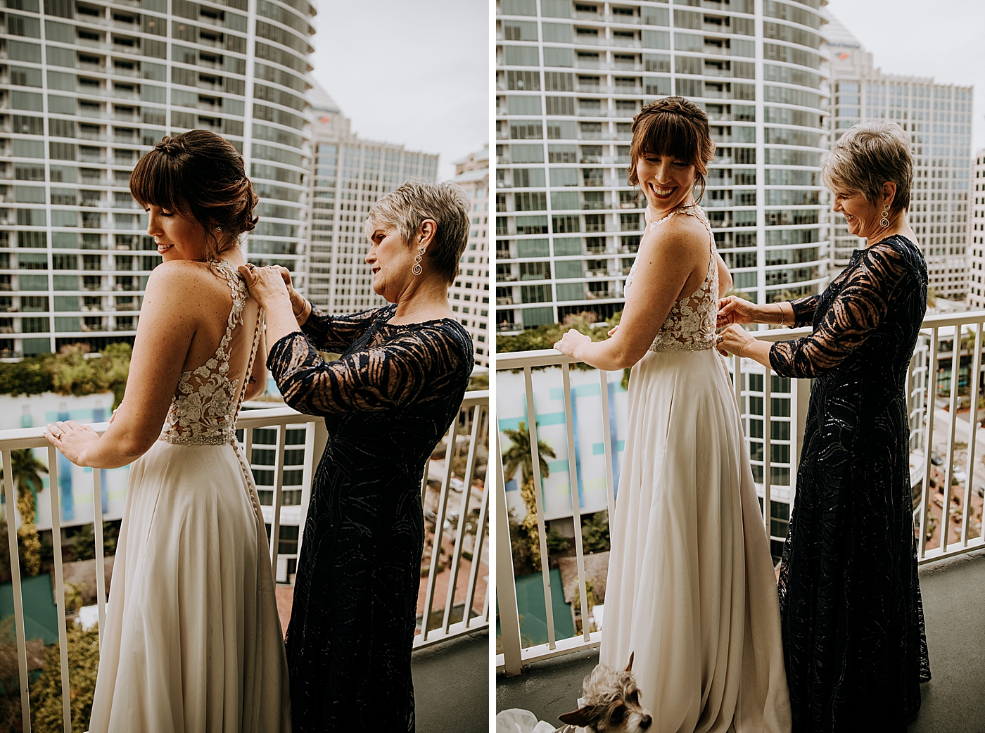 Mother helping put rest of dress on Bride Historic Stranahan House Wedding Photography captured by South Florida Wedding Photographer Maggie Alvarez Photography