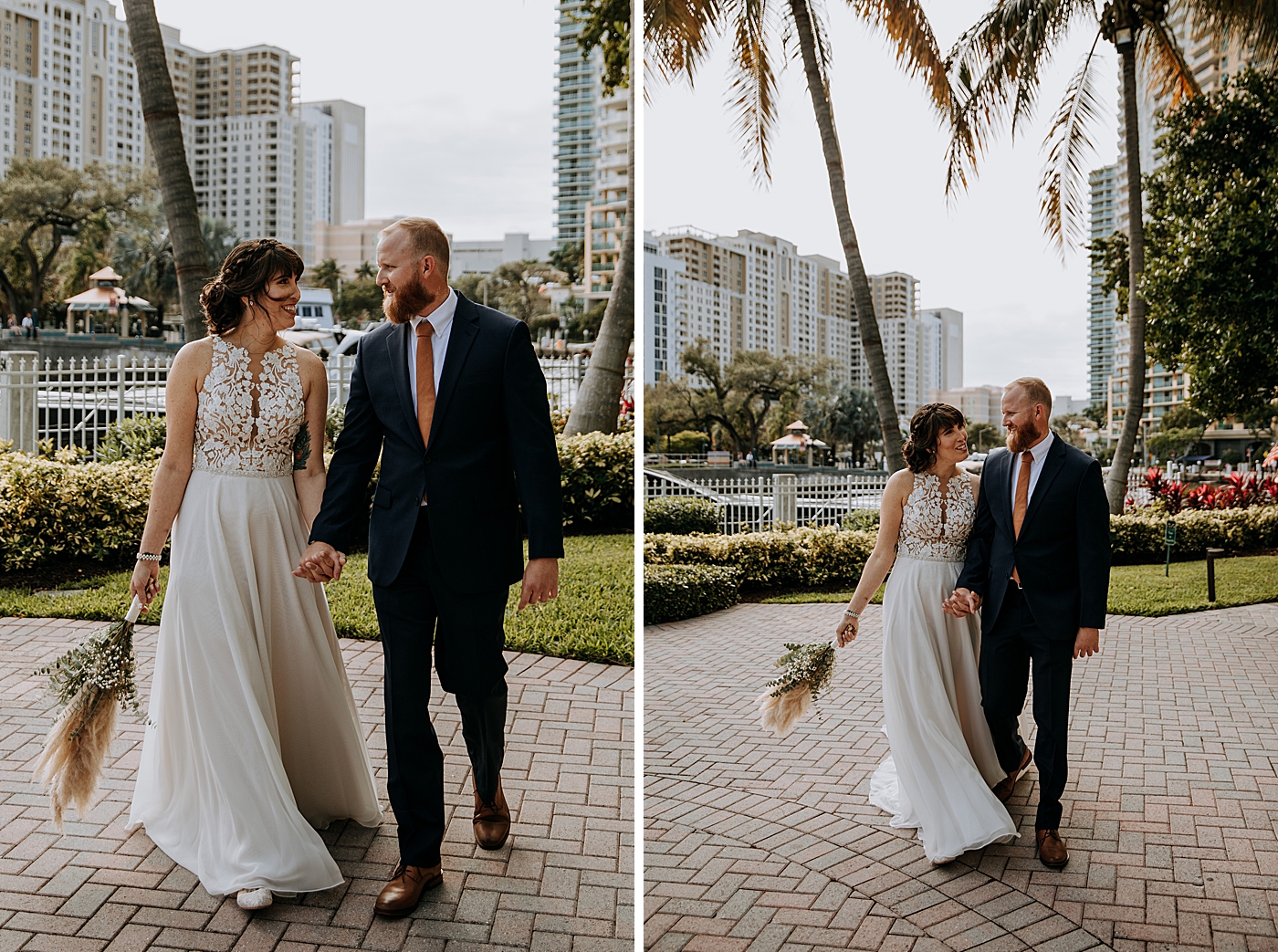 Bride and Groom walking together holding hands Historic Stranahan House Wedding Photography captured by South Florida Wedding Photographer Maggie Alvarez Photography