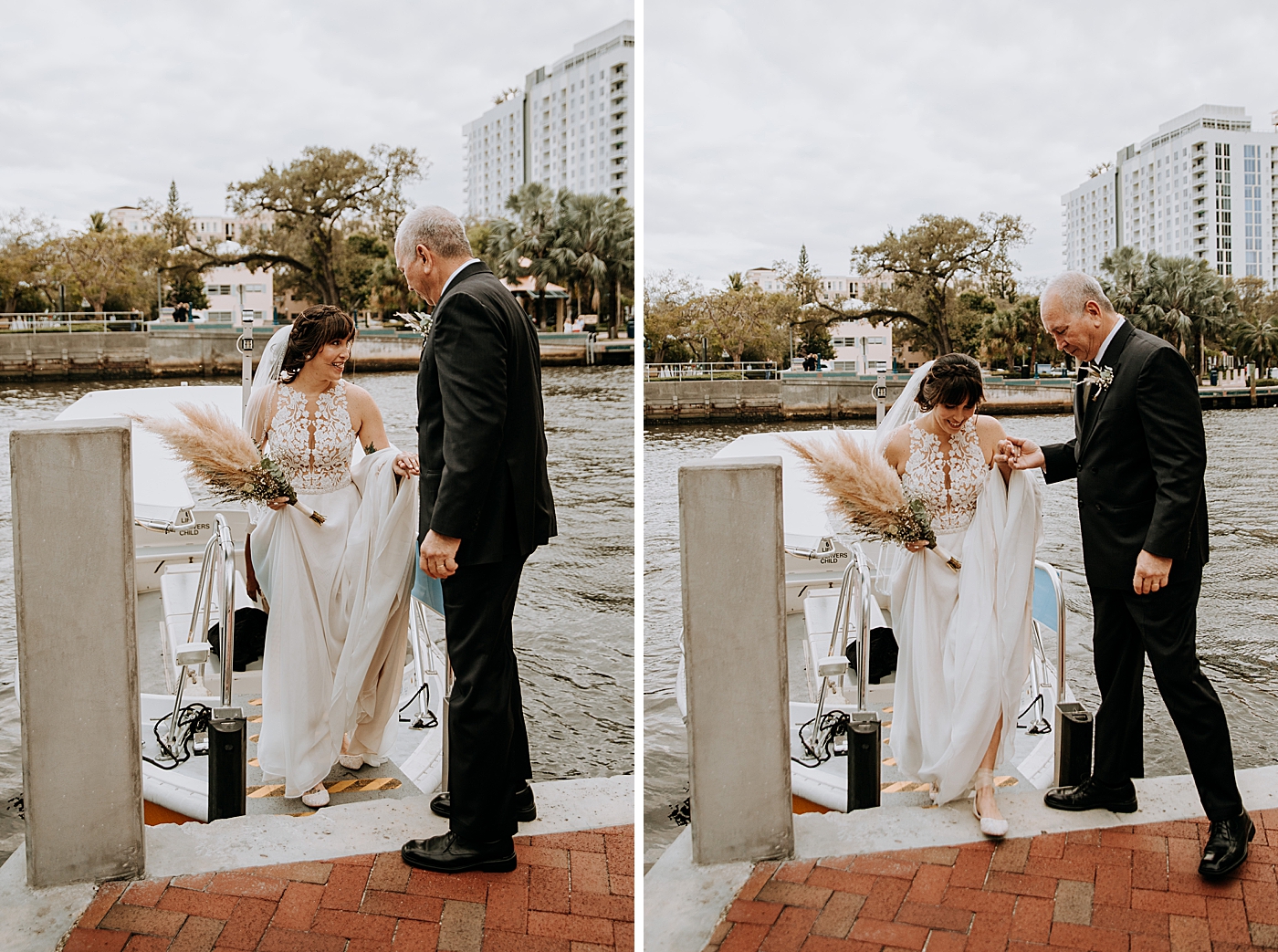 Father helping Bride get off the boat Historic Stranahan House Wedding Photography captured by South Florida Wedding Photographer Maggie Alvarez Photography