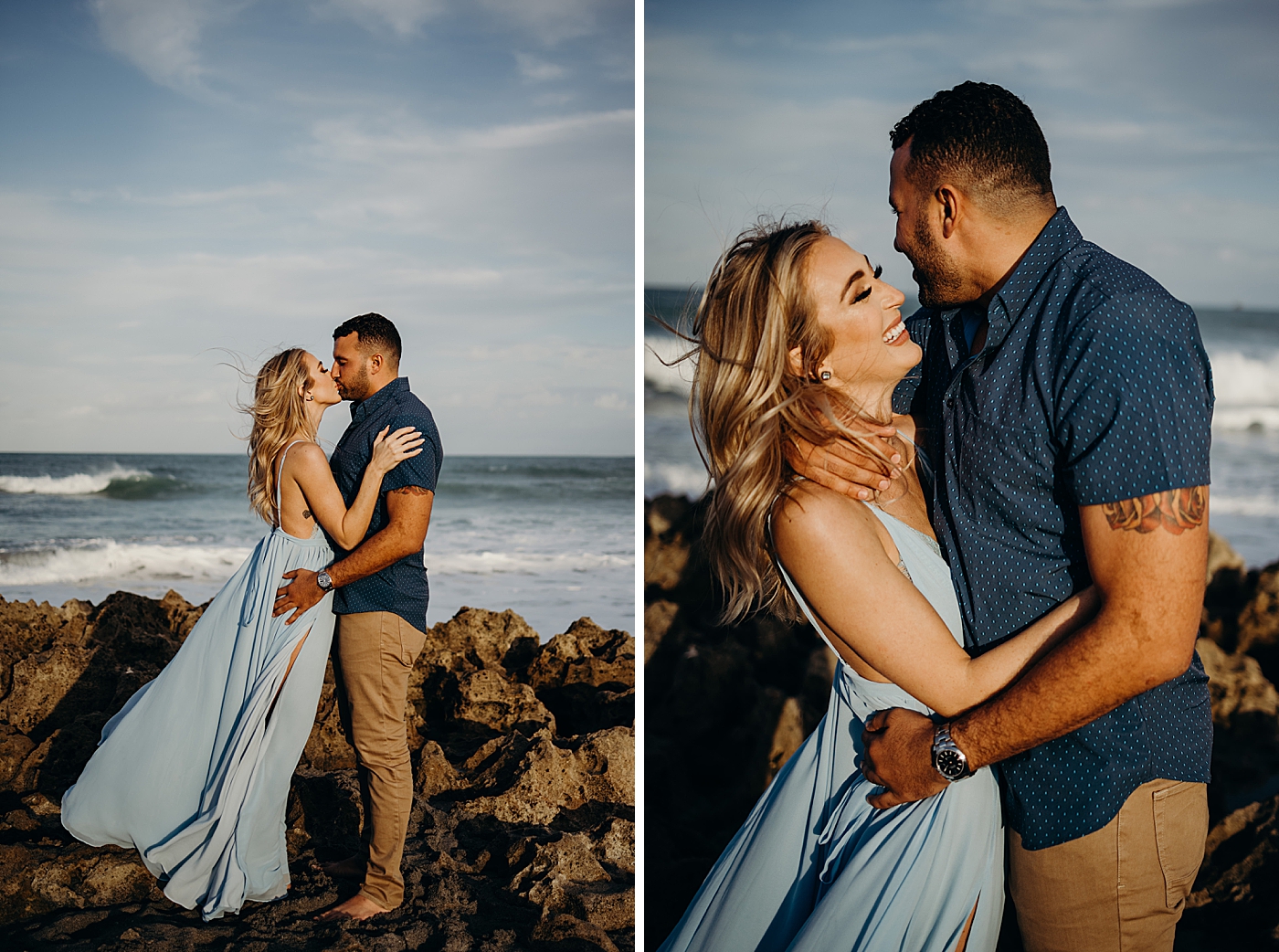 Couple holding each other and kissing on beach rocks Coral Cove Park Engagement Photography captured by Maggie Alvarez Photography