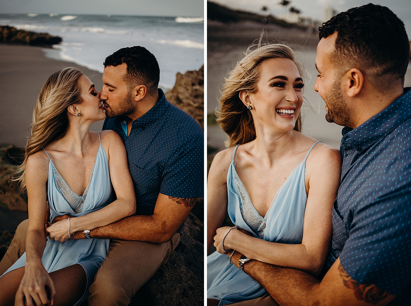Couple sitting on rock kissing each other and holding each other on the beach Coral Cove Park Engagement Photography captured by Maggie Alvarez Photography