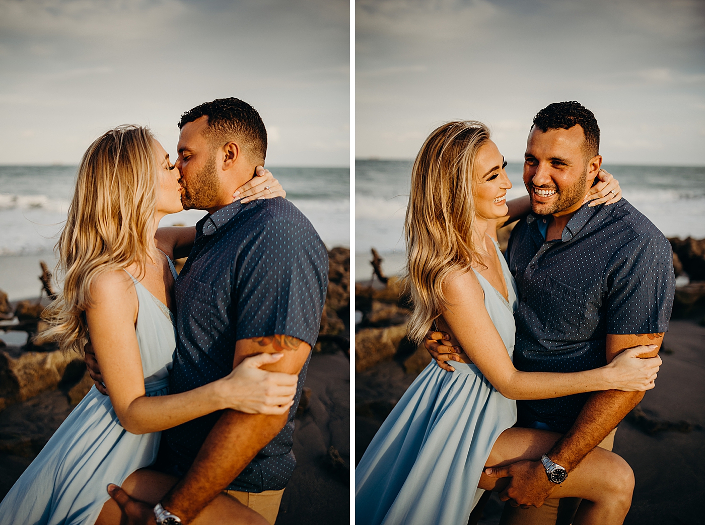 Couple holding each other and kissing each other on the beach Coral Cove Park Engagement Photography captured by Maggie Alvarez Photography