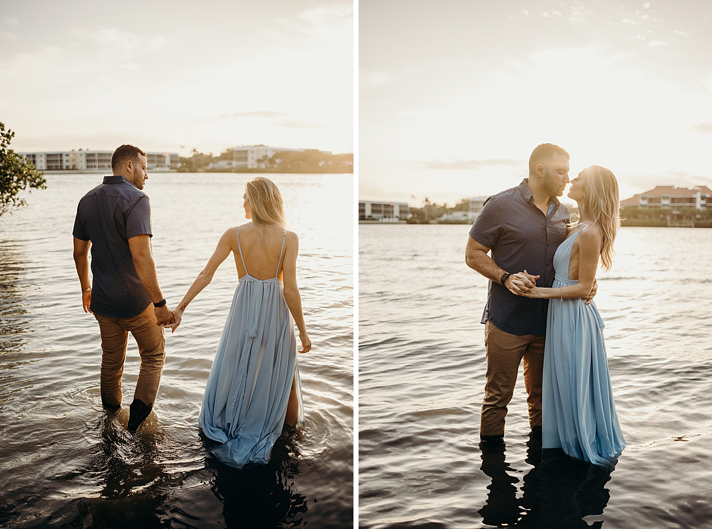 Couple holding hands and walking into water and dancing Coral Cove Park Engagement Photography captured by Maggie Alvarez Photography