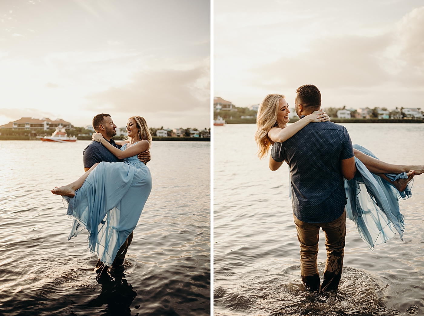 Man holding lady in calm shallow water Coral Cove Park Engagement Photography captured by Maggie Alvarez Photography