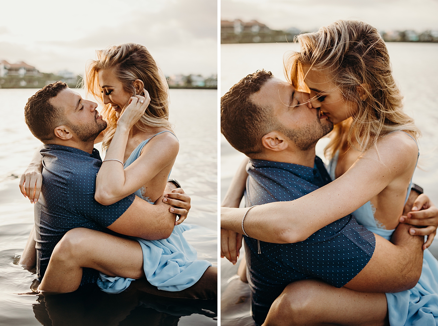 Man holding lady in calm water and kissing Coral Cove Park Engagement Photography captured by Maggie Alvarez Photography