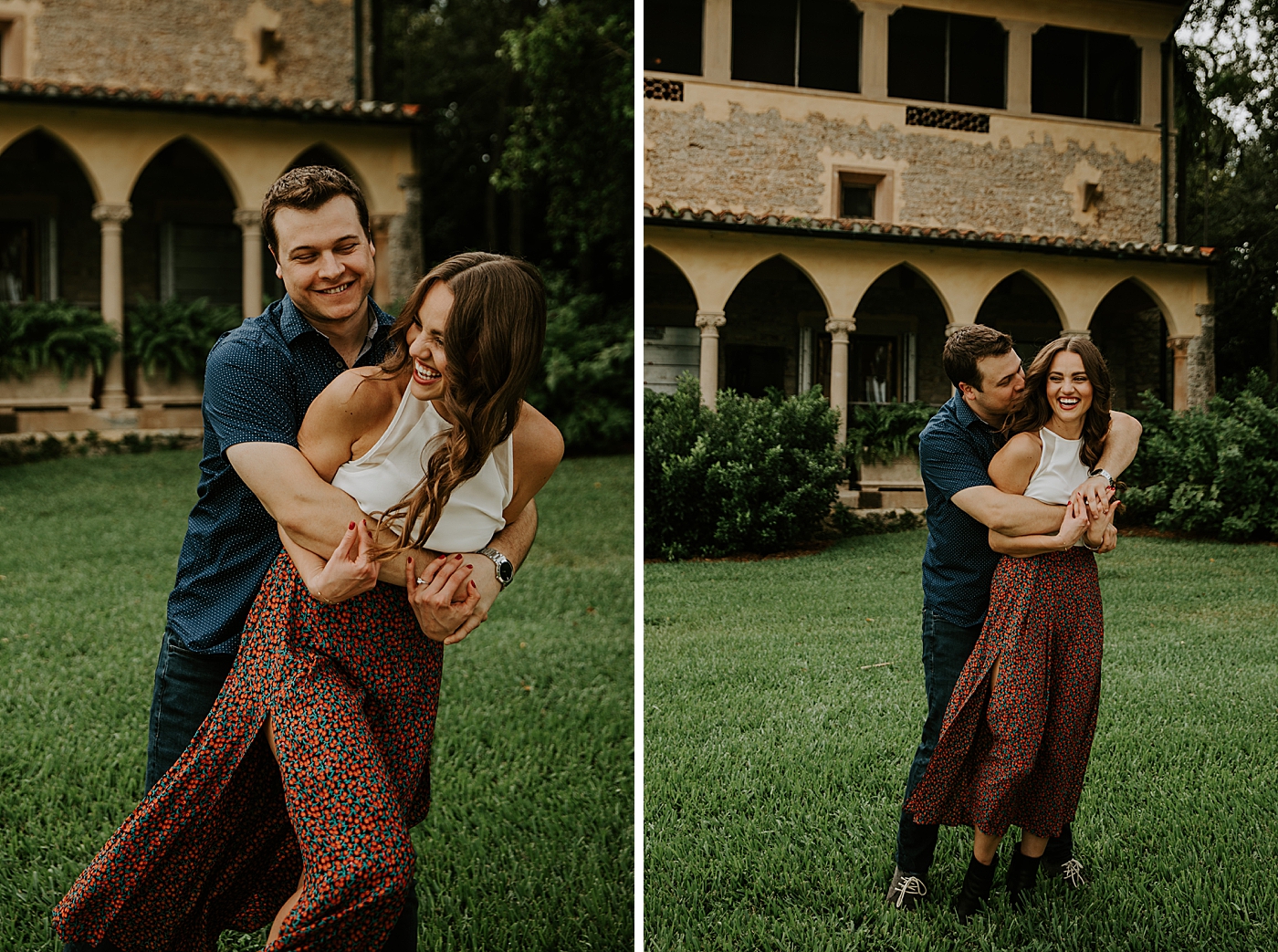 Man holding woman on green grass backyard Deering Estate Engagement Photography captured by Maggie Alvarez Photography