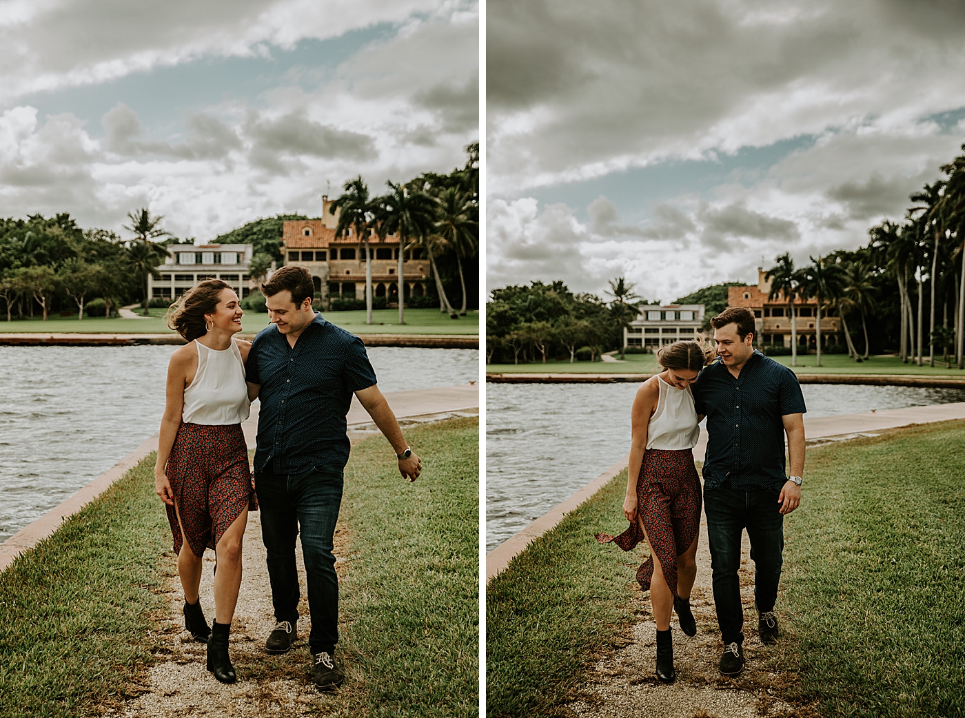 Couple with their arms around each other and walking together by the water Deering Estate Engagement Photography captured by Maggie Alvarez Photography