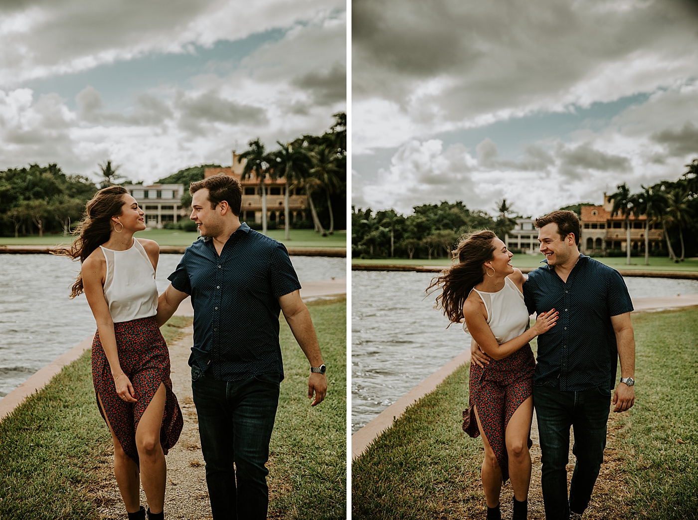 Couple with their arms around each other and walking together by the water Deering Estate Engagement Photography captured by Maggie Alvarez Photography