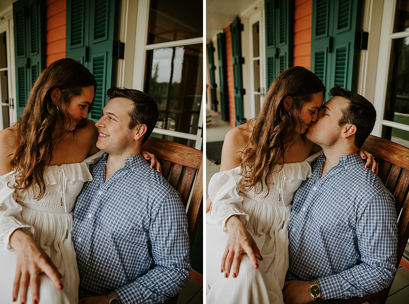 Man in rocking chair and woman sitting on his lap and kissing Deering Estate Engagement Photography captured by Maggie Alvarez Photography